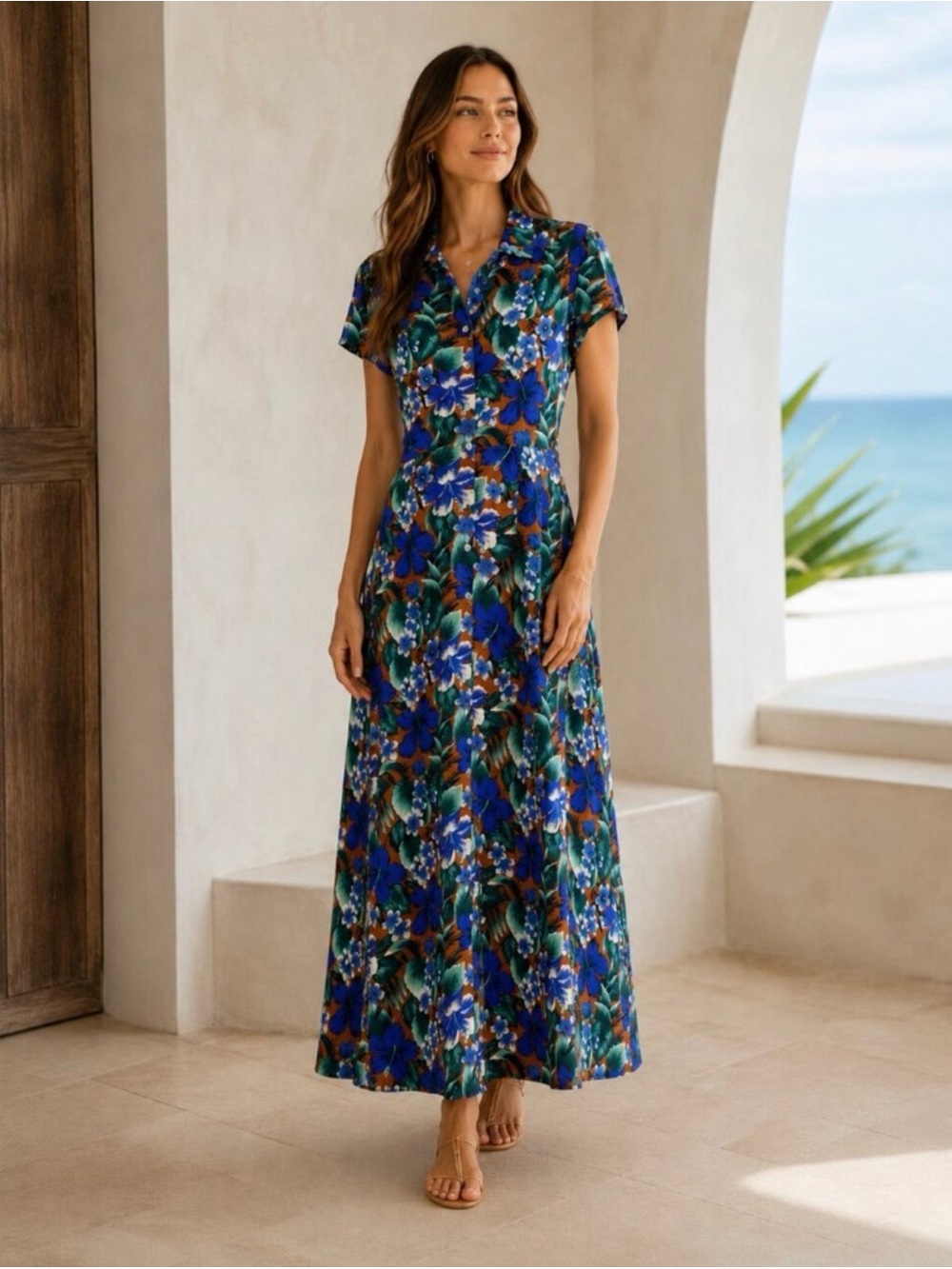 J Crew Tropical Floral Maxi Dress Button Down